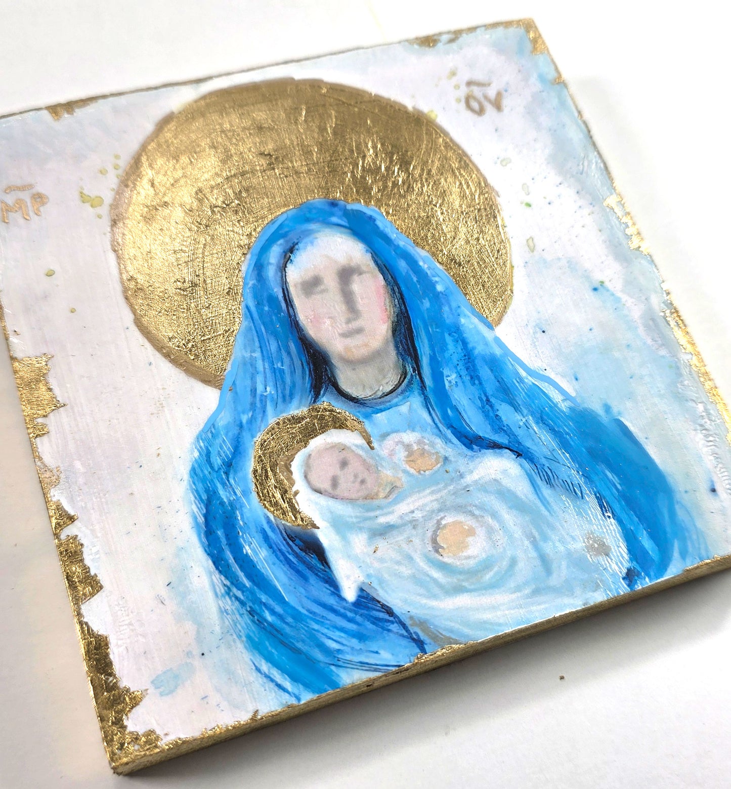 Blessed Mother and Jesus - mix media 5x5 Icon