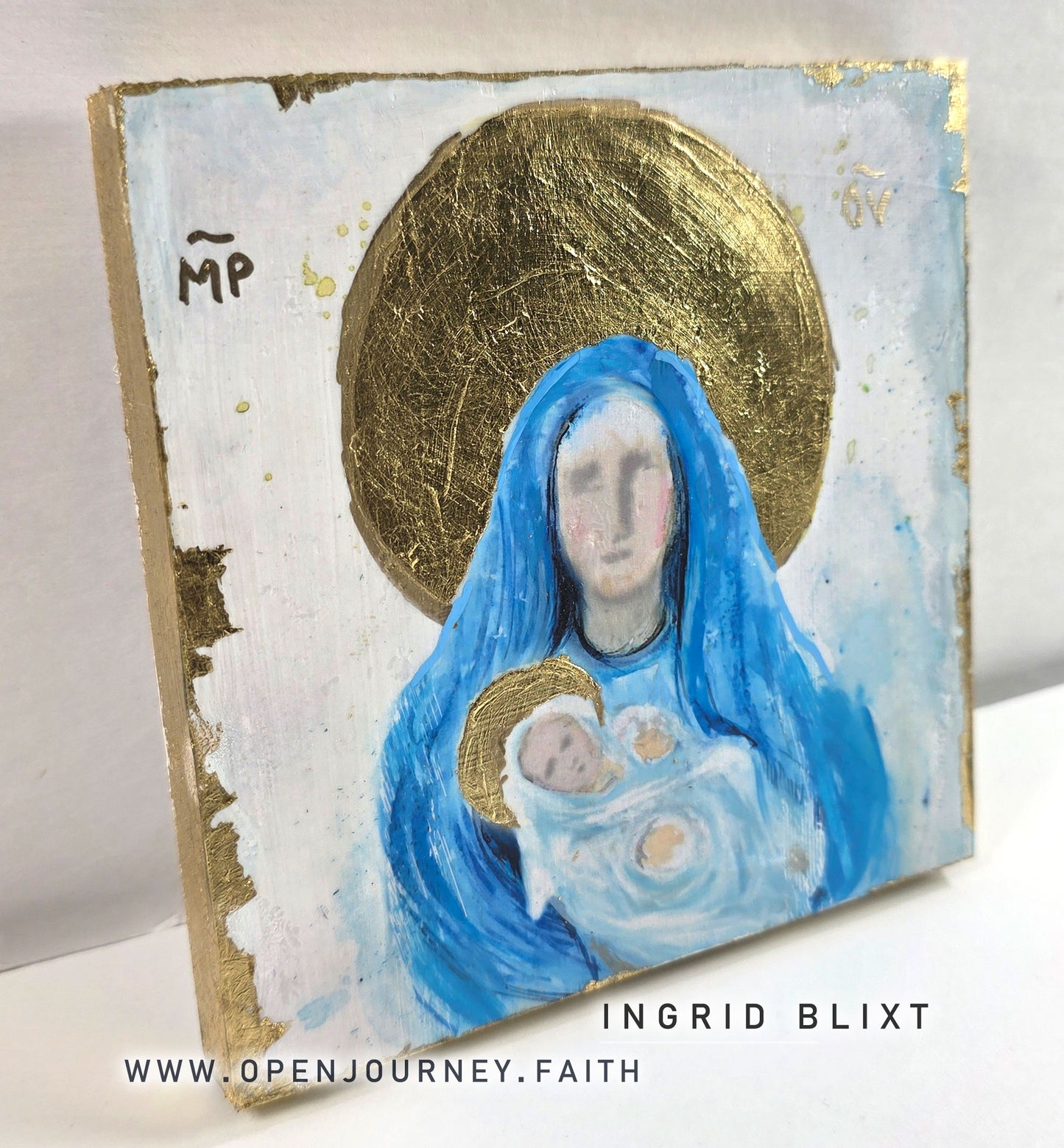 Blessed Mother and Jesus - mix media 5x5 Icon