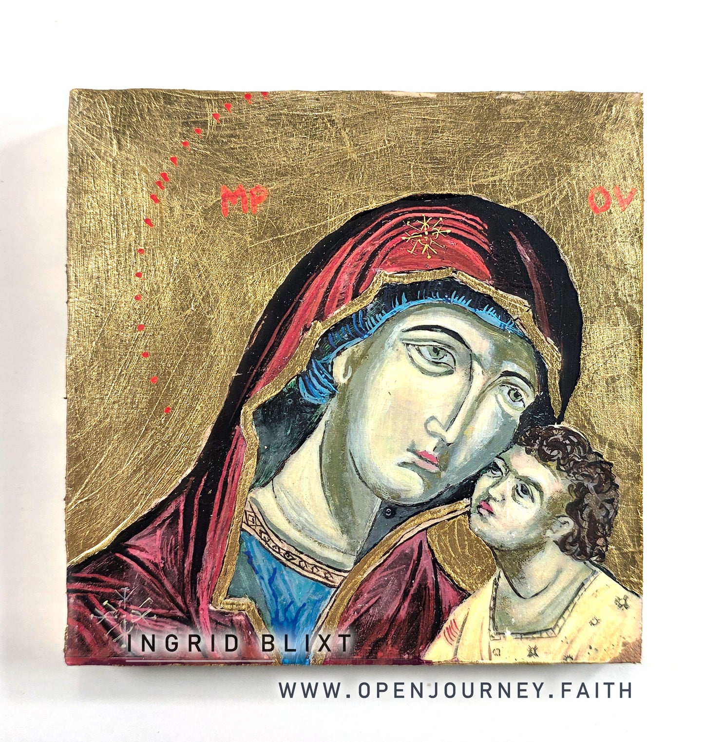 Blessed Mother and Jesus - mix media Byzantine style Icon 5x5