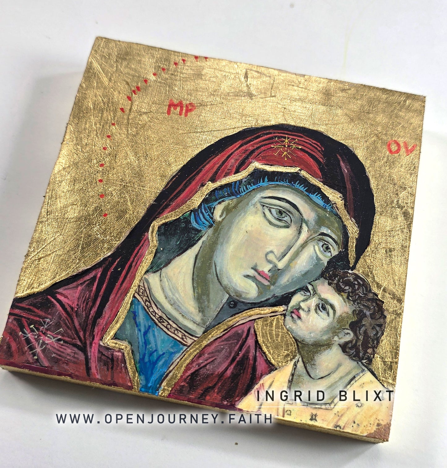 Blessed Mother and Jesus - mix media Byzantine style Icon 5x5