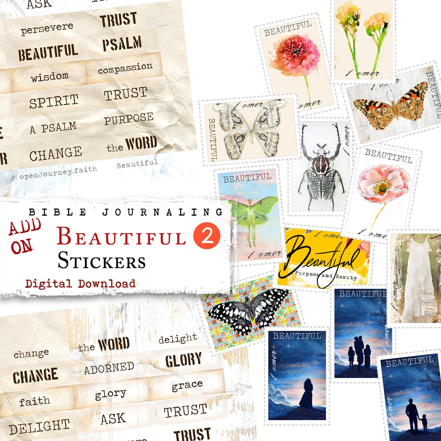 ADD ON Beautiful 2 (Purpose and Beauty) - Journaling Post Stamps and Words - digital download