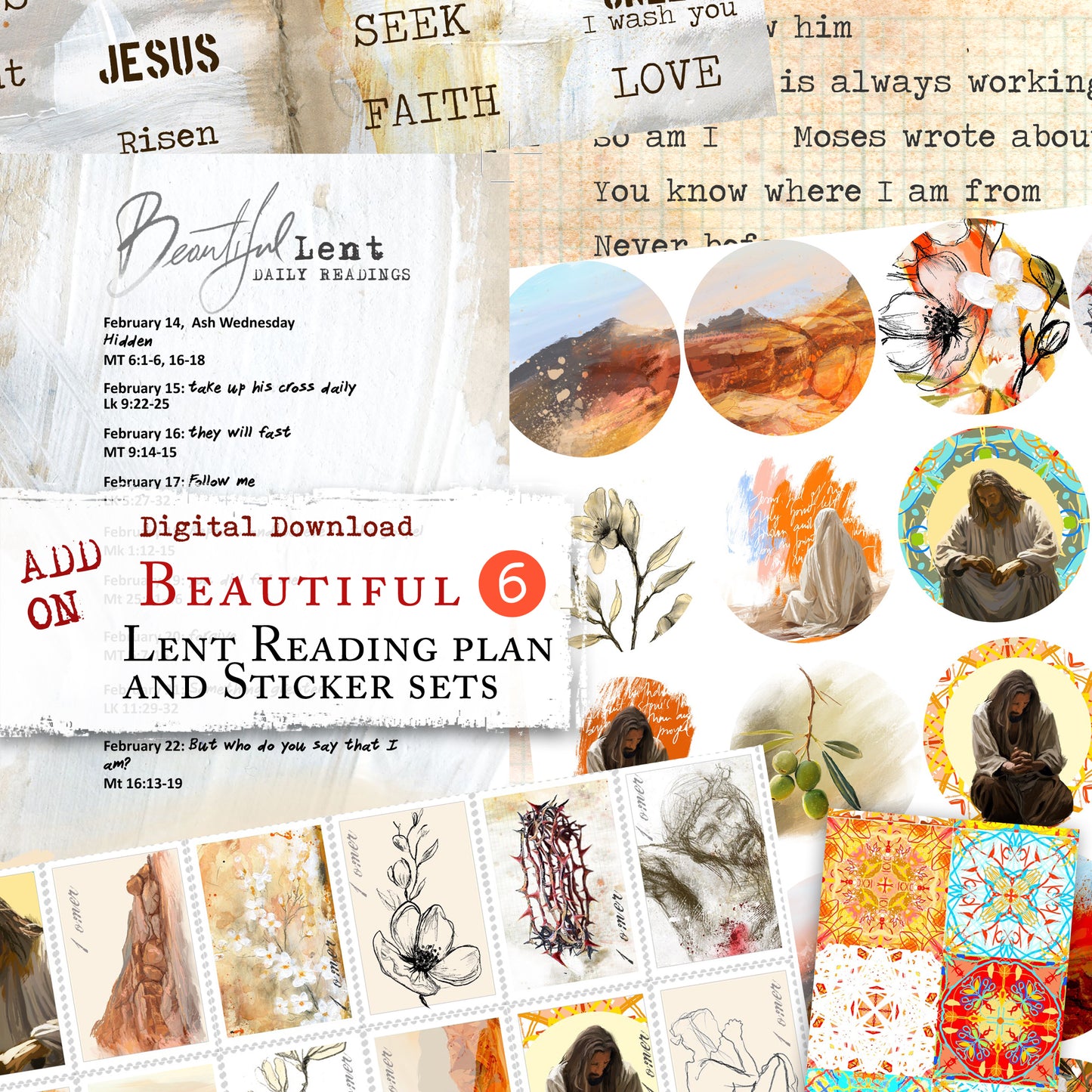 ADD ON Beautiful 6 - LENT Reading plan, Journaling Post Stamps and Stickers - digital download