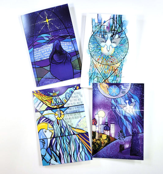 set of 4 Advent, Christmas cards - stained glass design