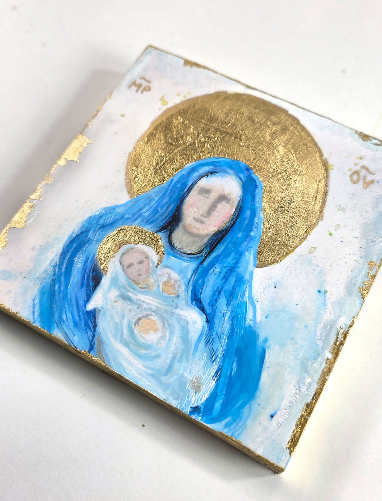 Blessed Mother and Jesus - mix media 5x5 Icon