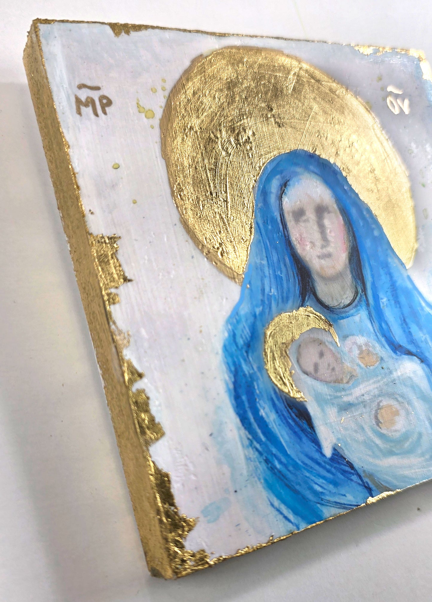 Blessed Mother and Jesus - mix media 5x5 Icon