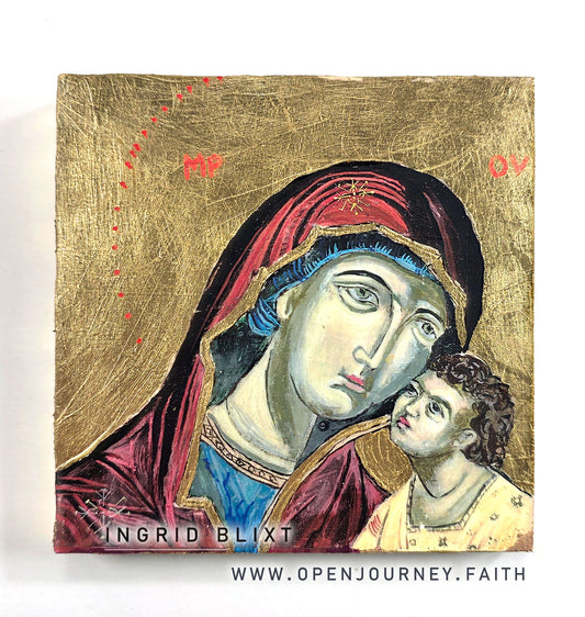 Blessed Mother and Jesus - mix media Byzantine style Icon 5x5