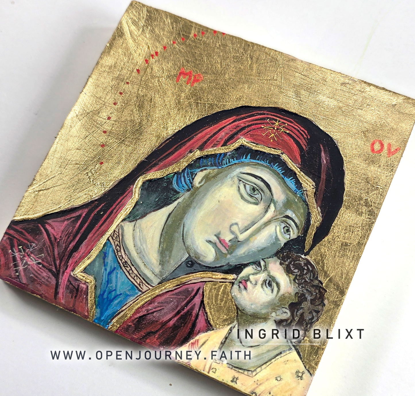 Blessed Mother and Jesus - mix media Byzantine style Icon 5x5