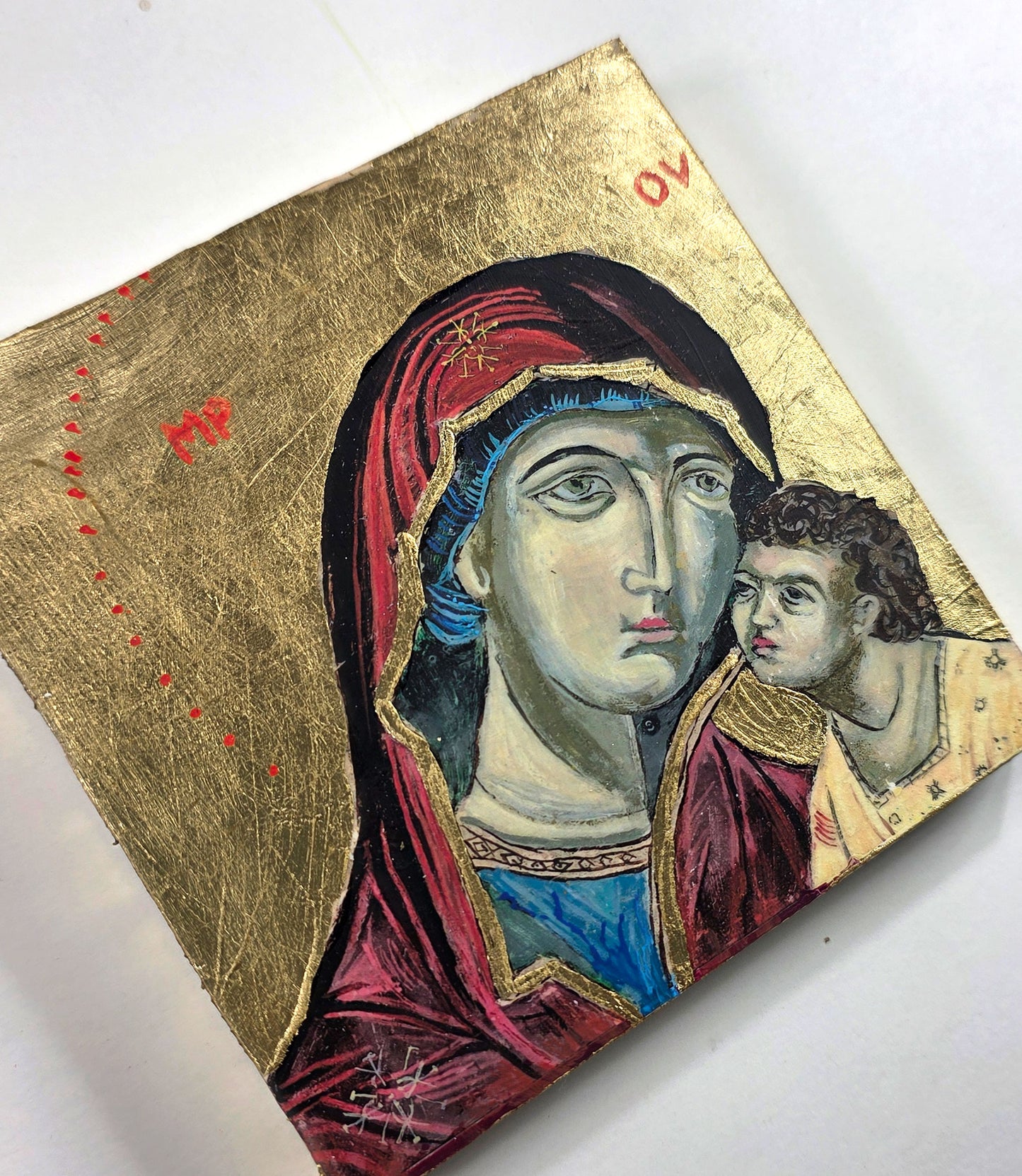 Blessed Mother and Jesus - mix media Byzantine style Icon 5x5