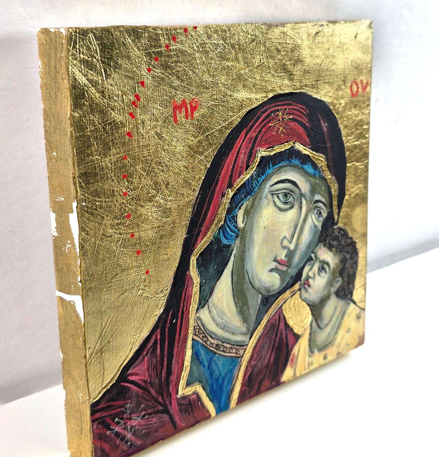 Blessed Mother and Jesus - mix media Byzantine style Icon 5x5