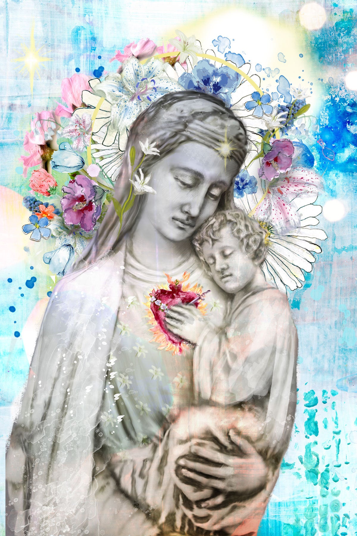 One Heart (Large Format) - Blessed Mother and Jesus painting, fine art print