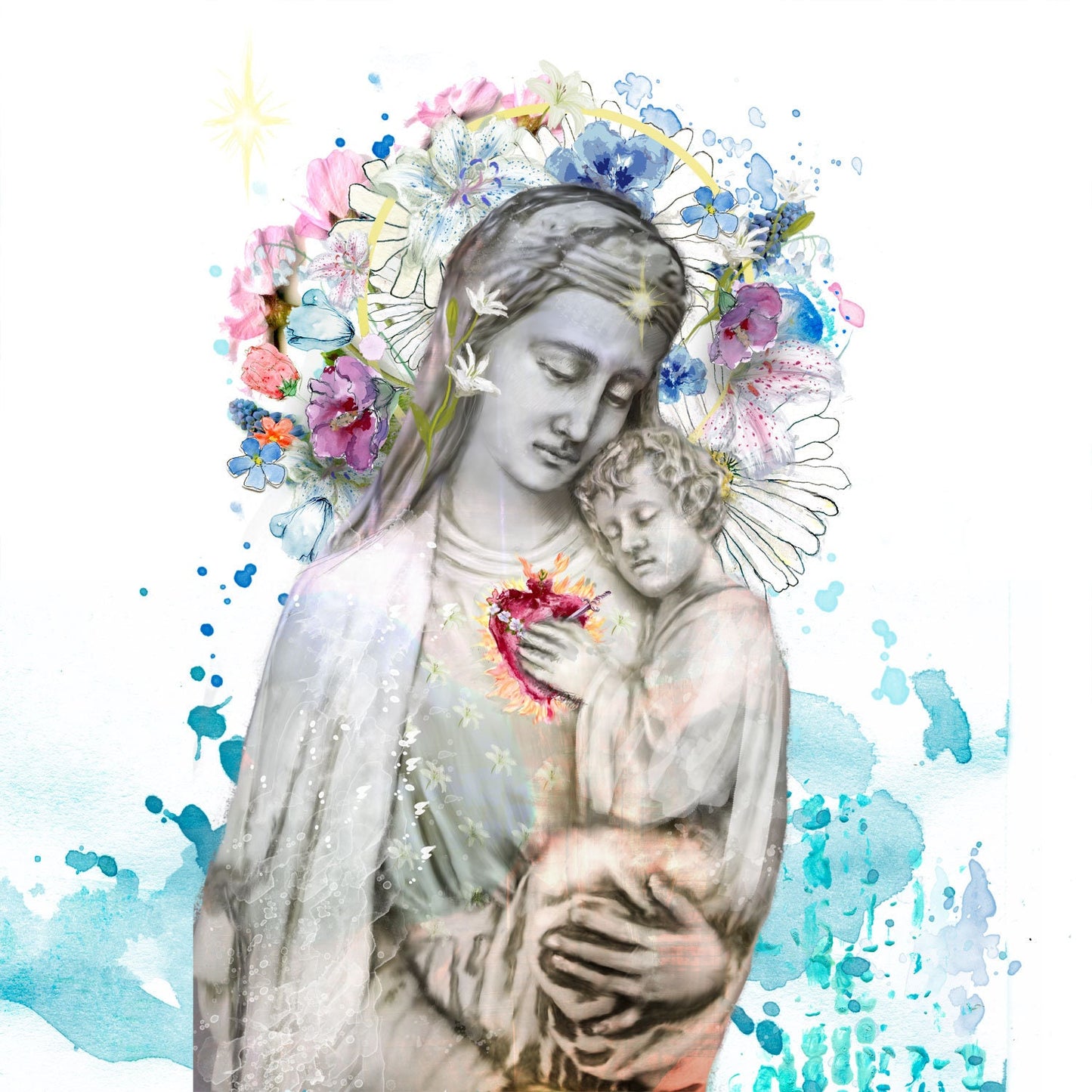 One Heart - Blessed Mother and Jesus painting, fine art print