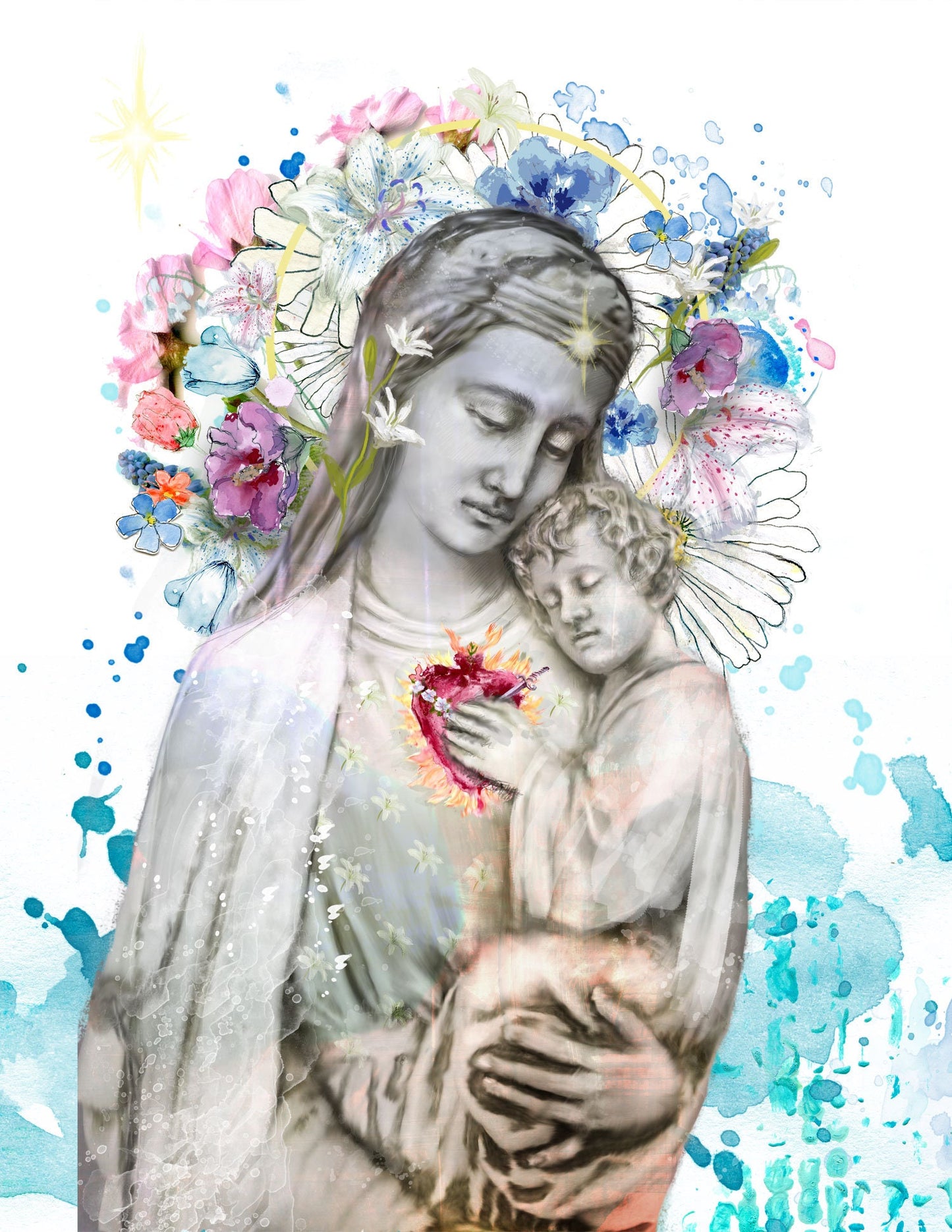 One Heart - Blessed Mother and Jesus painting, fine art print