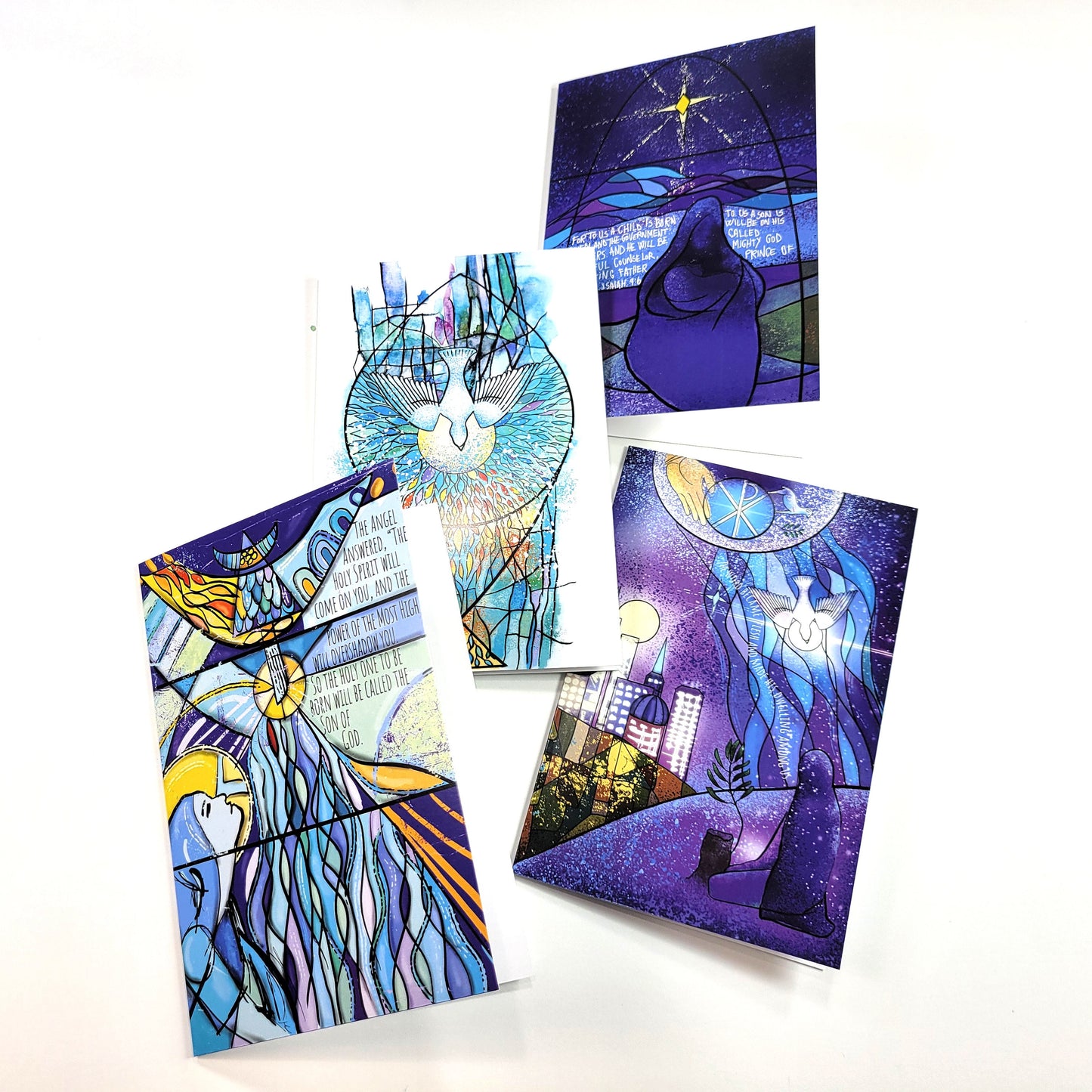 set of 4 Advent, Christmas cards - stained glass design